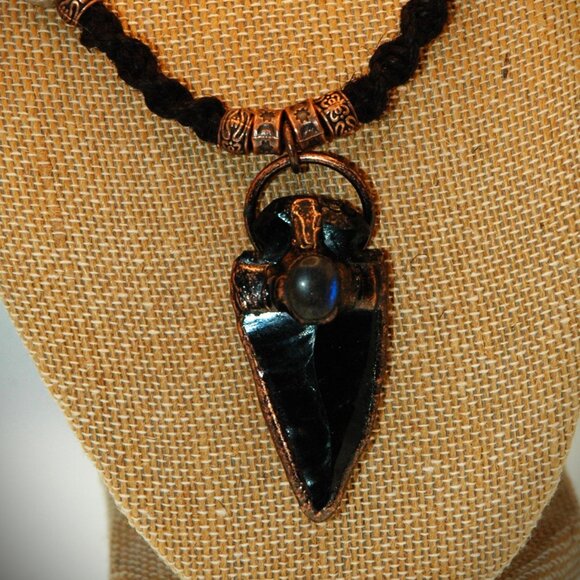 Copper-Toned Obsidian Arrowhead with Moonstone on 23" Handmade Black Hemp Chain - Picture 4 of 6